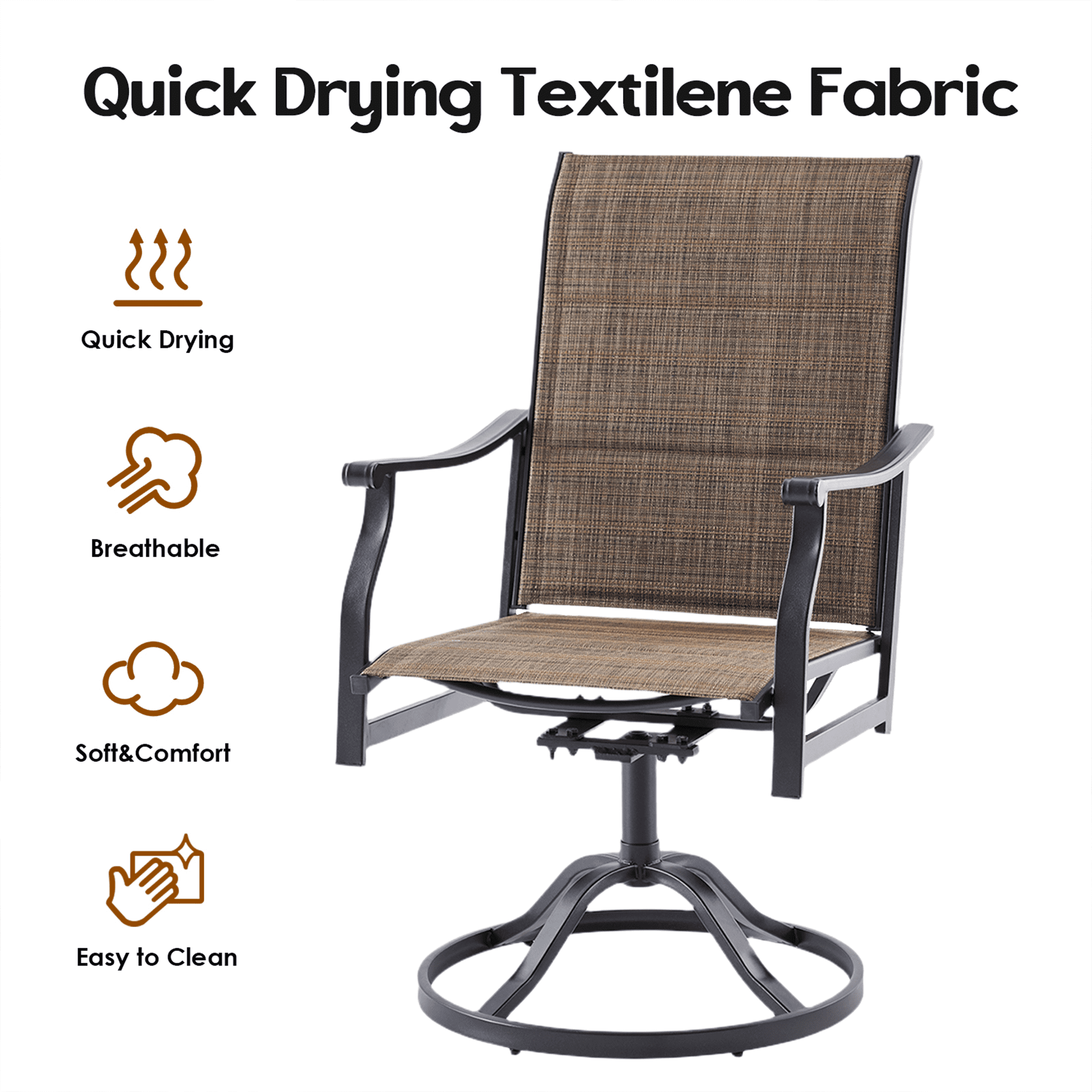 MAYEERTY 2-Piece Outdoor Swivel Dining Chairs with Padded Textilene Fabric for Backyard & Patio, Brown
