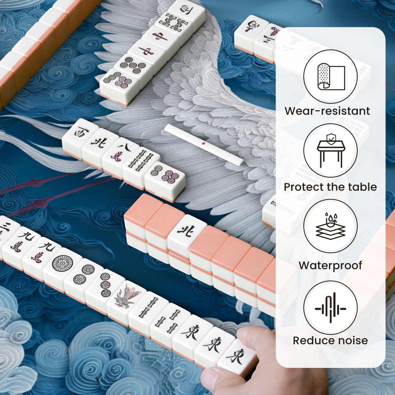 Chinoiserie Mahjong Mat 31.5" x 31.5" Majestic Crane Amidst Serene Clouds Blue Sky Non-Slip Noise Reduction Mahjong Tiles Table Cover for Dominoes Poker Card Board and Tile Games
