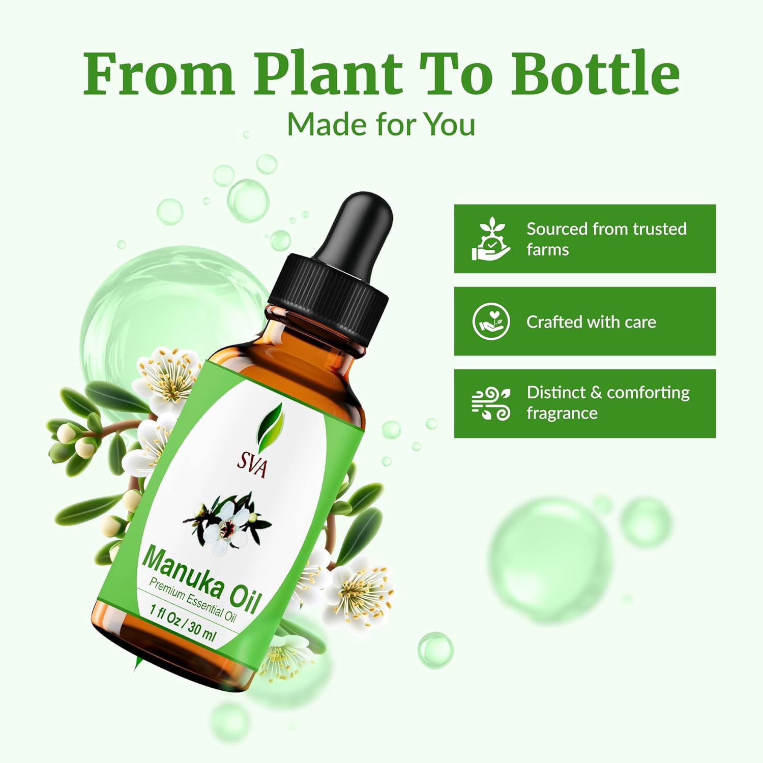 SVA Manuka Essential Oil – 1 Fl Oz – 100% Natural Manuka Oil - for Diffuser, Hair Care, Face, Skin Care, Aromatherapy, Scalp and Body Massage, Soap and Candle Making – with Dropper
