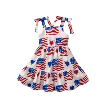 

Qtinghua 4th of July Toddler Baby Girls Dress Summer Casual Stars Stripes Print Sleeveless A-Line Dress for Beach Party Wear White Heart 1-2 Years