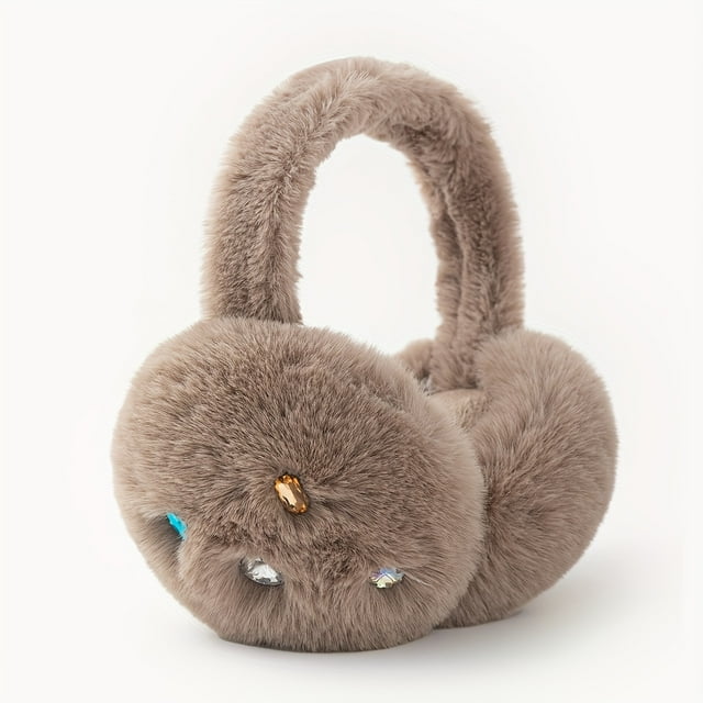 FNNMNNR Ladies‘ Fashionable Cute Rhinestone-Studded Fluffy Earmuffs Polyester Machine Washable Universal Fit Woven Warm Winter Ear Protectors