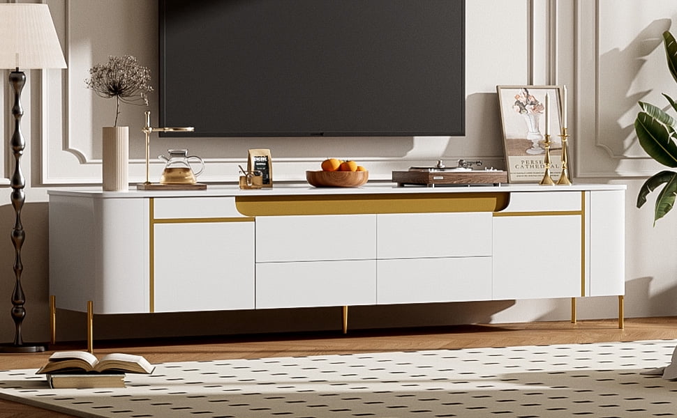 Euroco Light Luxury TV Stand with 2 Cabinets and 4 Drawers – Gold Metal Legs, Cable Management, Concealed Handles – Modern Entertainment Center for Living Room