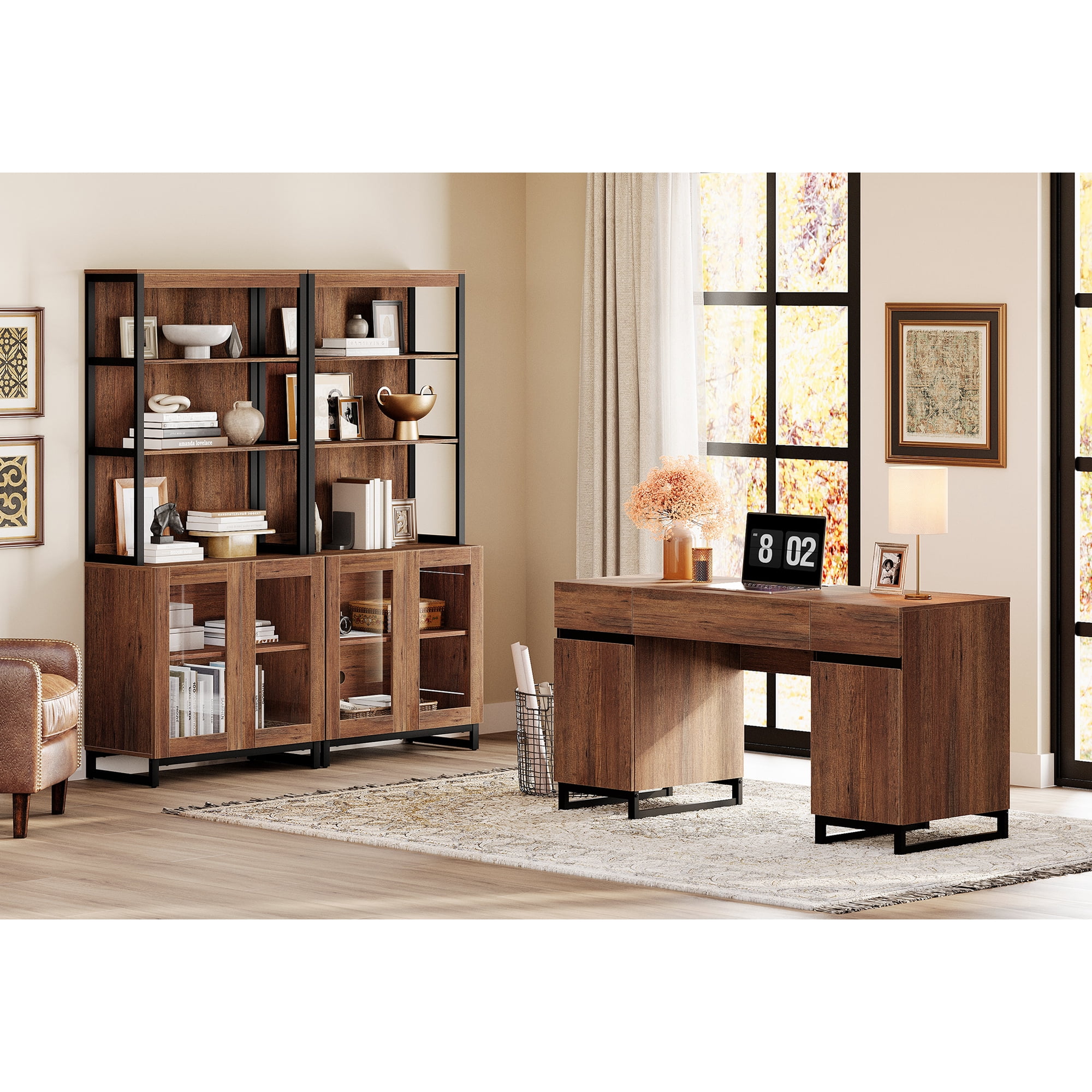 WAMPAT Home Office Furniture Set: 59" Executive Desk with Charging Station and Storage Cabinet, Two 72" Tall Bookcase, Modern Computer Desk and Library Shelf for Work Study, Brown