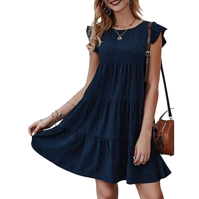 Lucakuins Mujeres Casual Plisado Vestido Corto, Adultos Primavera Color Sólido Cuello Redondo Manga Corta Mini Vestido Lucakuins moda