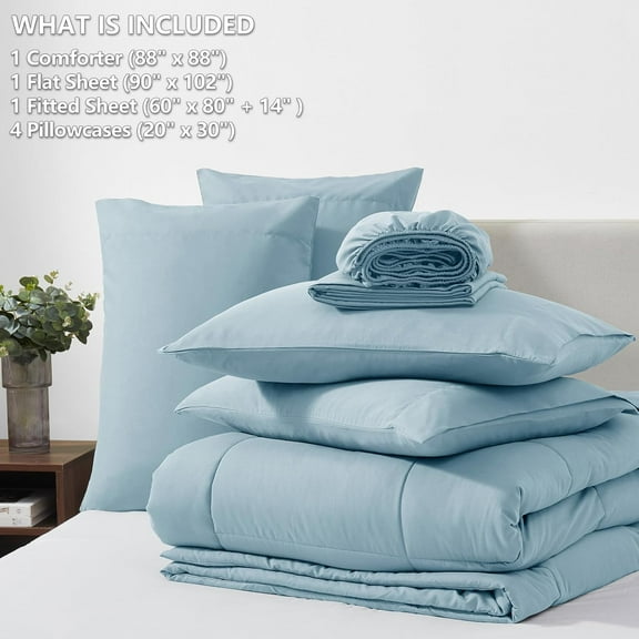 Light Blue Comforter Set Queen 7 Pieces Bedding Set Queen Light Blue Complete Queen Bed in a Bag with All Season Quilted Comforter, Flat Sheet, Fitted Sheet, Pillowcases