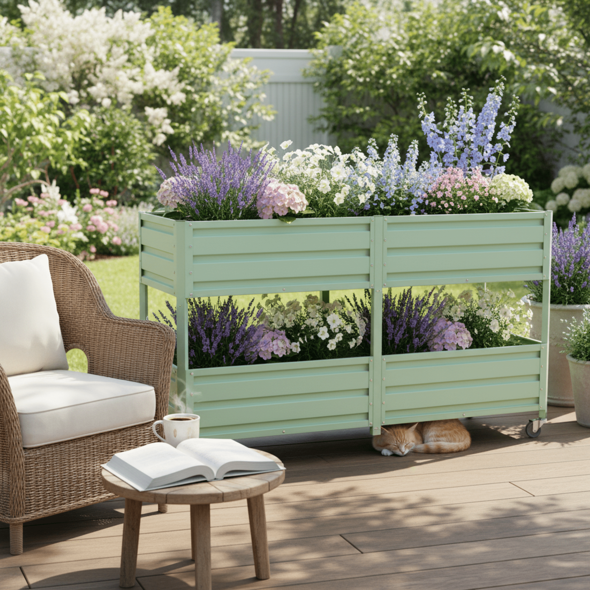 Leumius Dual Tier Elevated Metal Raised Garden Bed with Lockable Wheels, Staggered 2-Layer Raised Planter Box, Outdoor Patio Backyard Green Planting Bed for Vegetables Herbs Flowers,Green