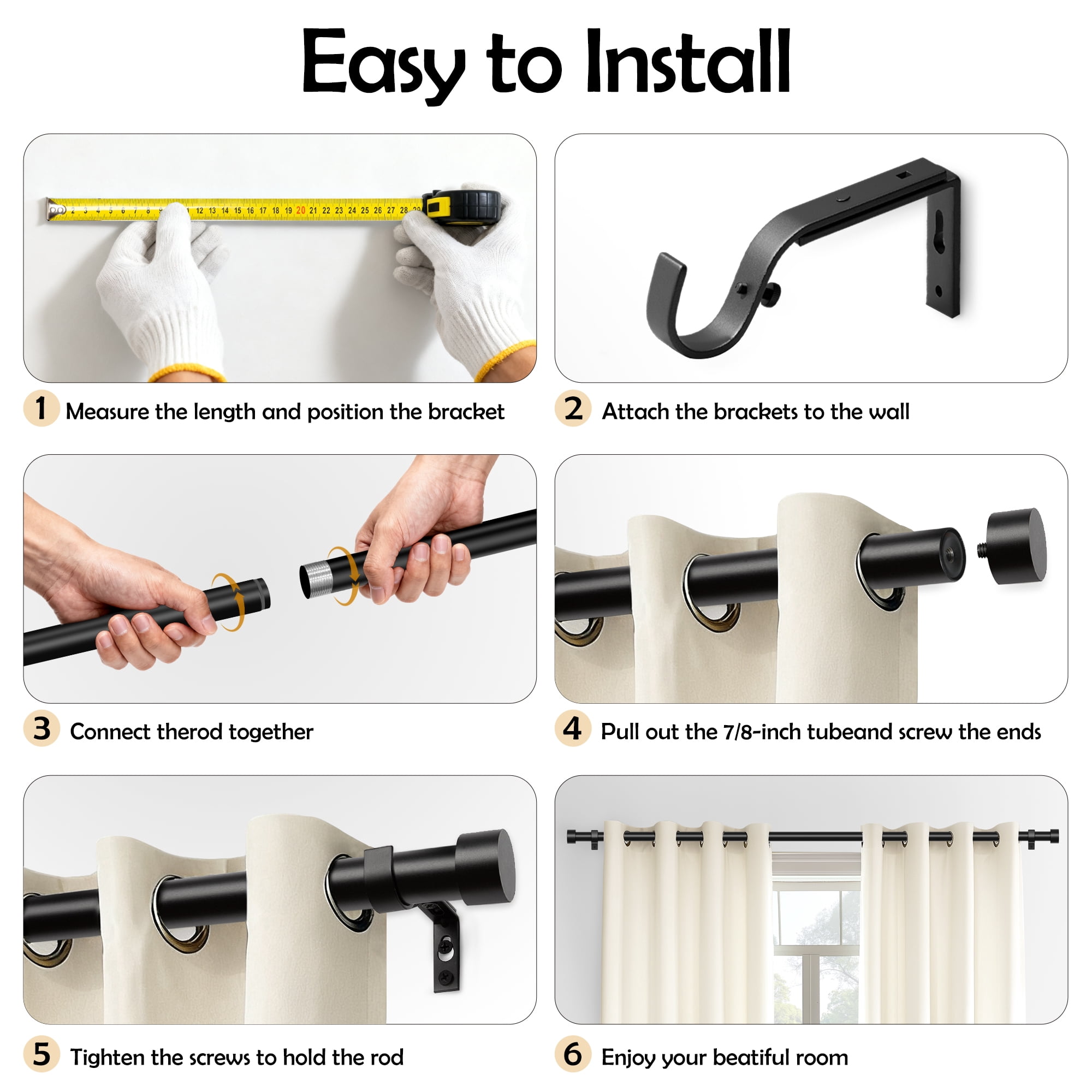 66"-120" Black Curtain Rods,1 inch Diameter Window Curtain Rod Set, Heavy Duty Curtain Rods with Aluminium Finials,Black