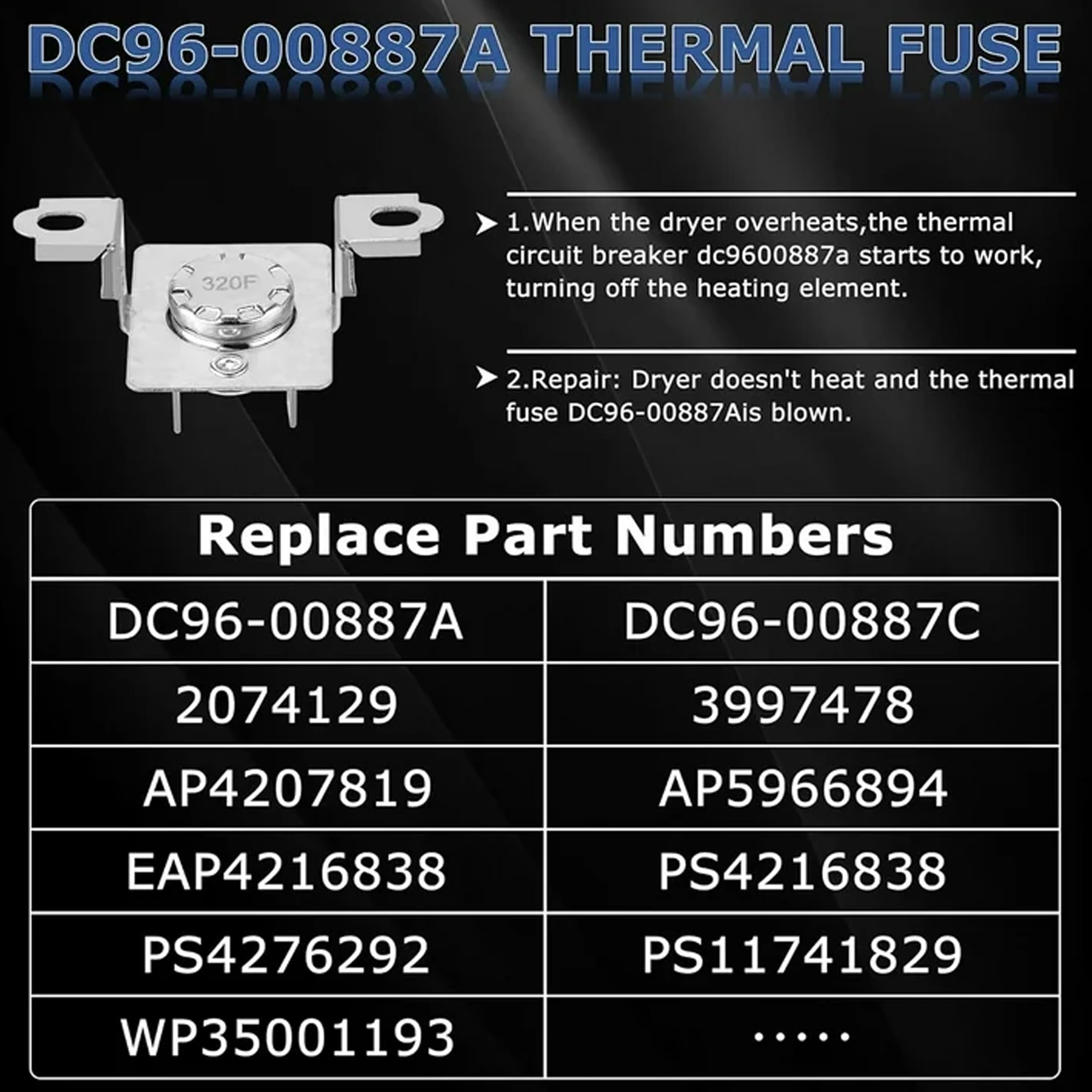 Heating Element DC47-00019A Compatible with Samsung Dryer, dv42h5000ew/a3 dv45h7000ew/a2 Dryer Parts, DC47-00018A Thermostat DC47-00016A DC32-00007A DC96-00887A Thermal Fuse