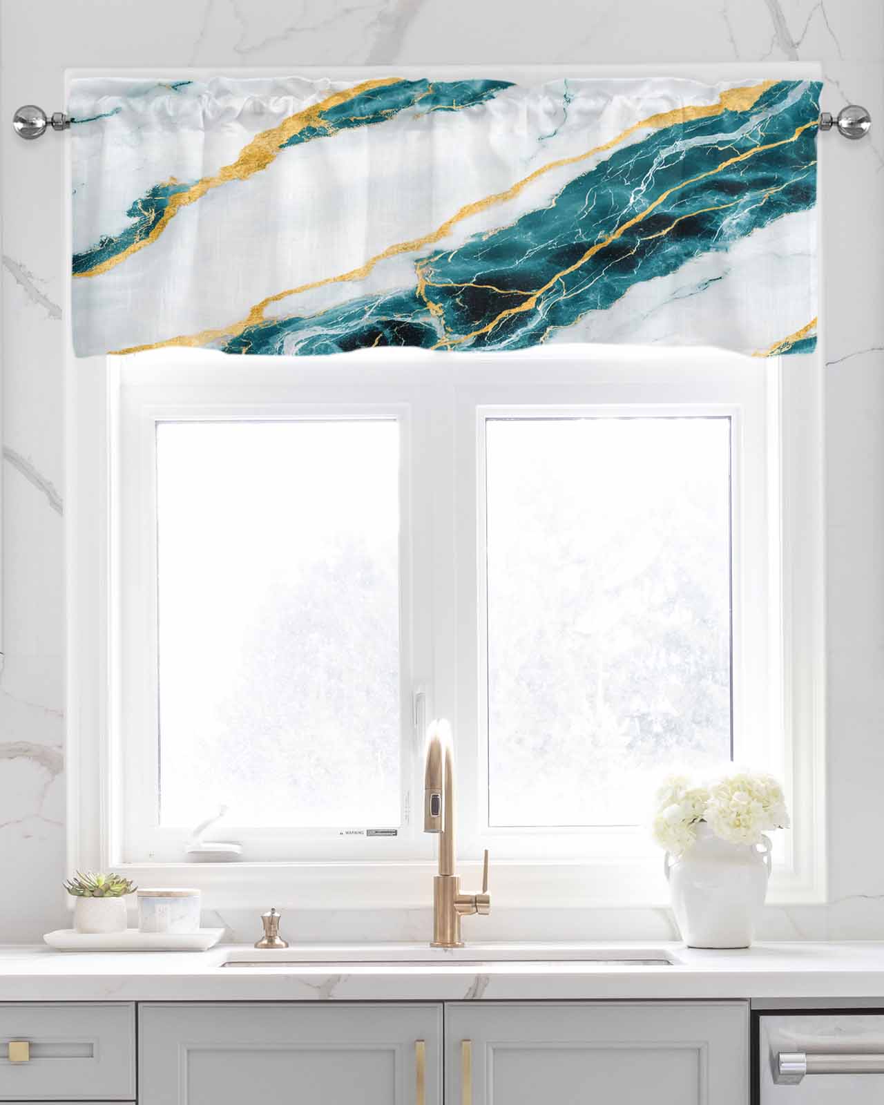 Marble Turquoise Kitchen Valances for Windows Farmhouse Linen Window Valance Curtain for Living Room Window Treatment Gold Foil Ceramic Style Crack Scratch Valance Rod Pocket Topper, 60 x 18 Inch