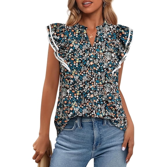 FreshPretty Womens Tops Dressy Casual Spring Summer Shirts Boho Floral V Neck Ruffle Cap Sleeve Business Work Blouses