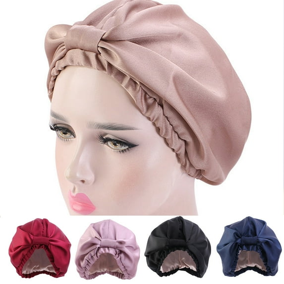 Cheers.US Women Girls Solid Color Elastic Double Layer Knot Hair Cap Sleep Cap Hair Care Hair Salon Night Sleeping Head Cover