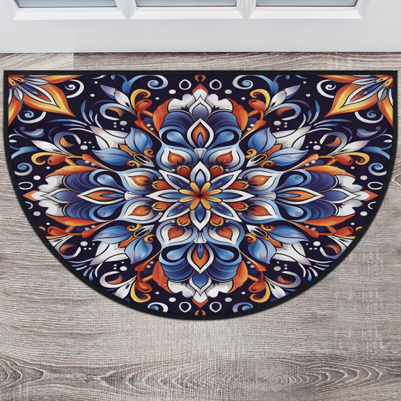CURLYOOT Abstract Floral Half Round Door Mat, Indoor Outdoor Entrance Rug, Mandala Semi Circular Area Rug, Non Slip Washable Absorbent Doormat, Laundry Room Rug 40'' x 63''