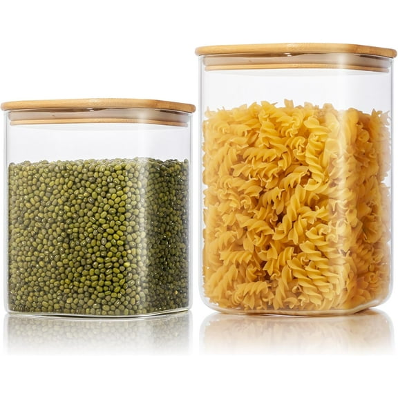 Extra Large Square Glass Flour & Sugar Storage Containers with Airtight Lids, 132oz & 63oz - 2 Pack Glass Jars with Bamboo Lids, Air tight Pantry Food Storage Containers for Cereal, Pasta, Rice