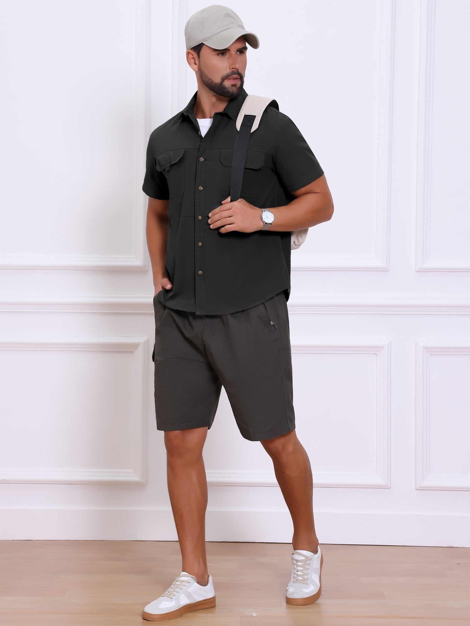 DARING DIVA Men's Solid Cargo Short Sleeve Button Down Utility Shirts L Black