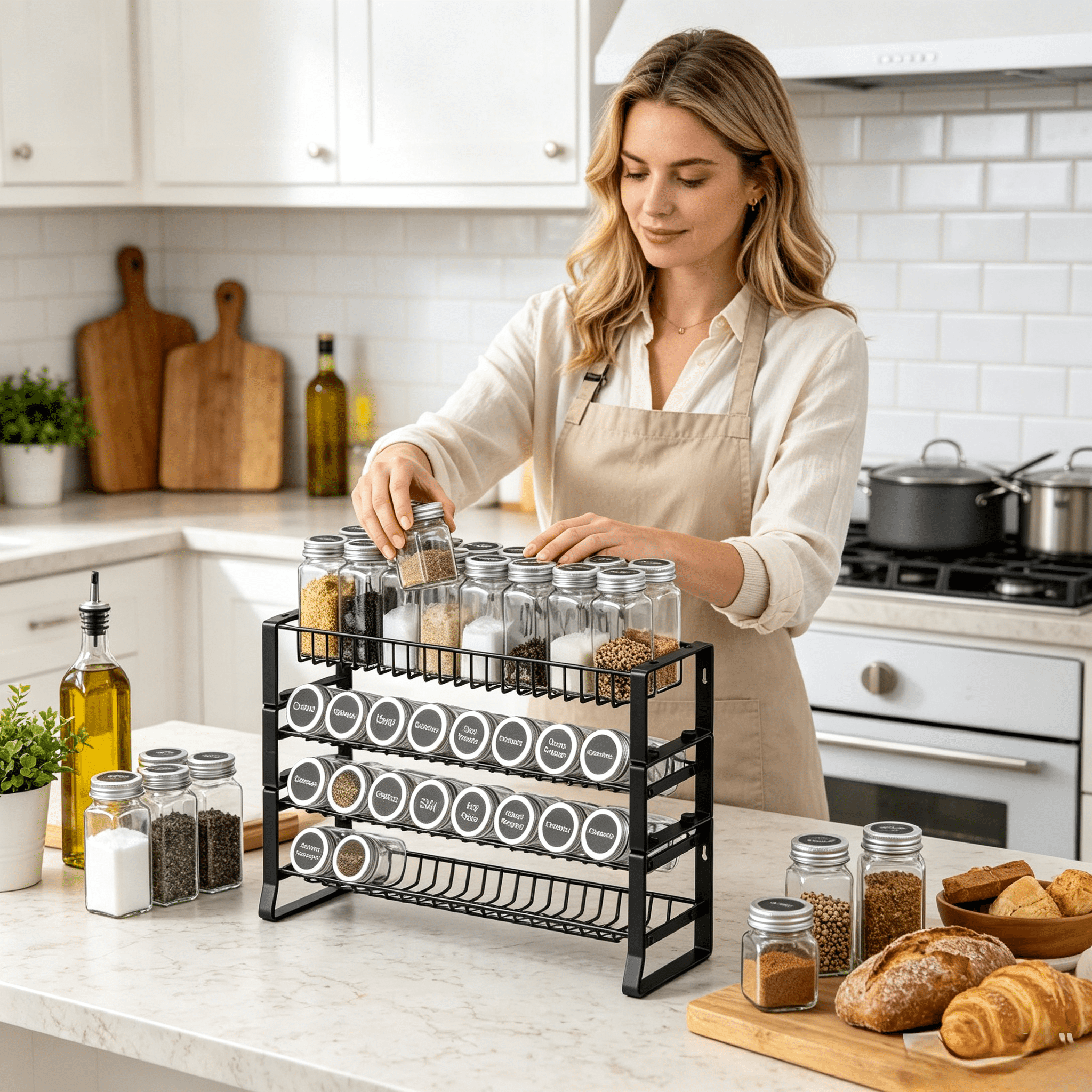 Spice Rack Organizer 2-Tier Main Rack + 2 Single-Tier Racks Stackable Design Countertop or Wall Mount Q195 Steel Frame for Kitchen Storage
