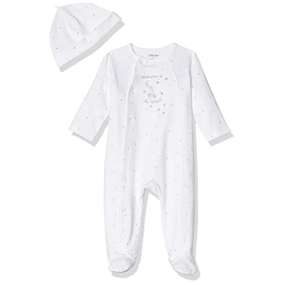 Little Me Unisex Baby 2 Piece Footie and Cap, Welcome World, White, 3 Months