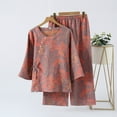 thumbnail image 2 of Long Sleeve Shirts for Women Vintage National Style Cotton Pajama Set - 3/4 Sleeve Top & 9/4 Length Pants Soft Home Wear Shirts for Women Womens Blouses, 2 of 3