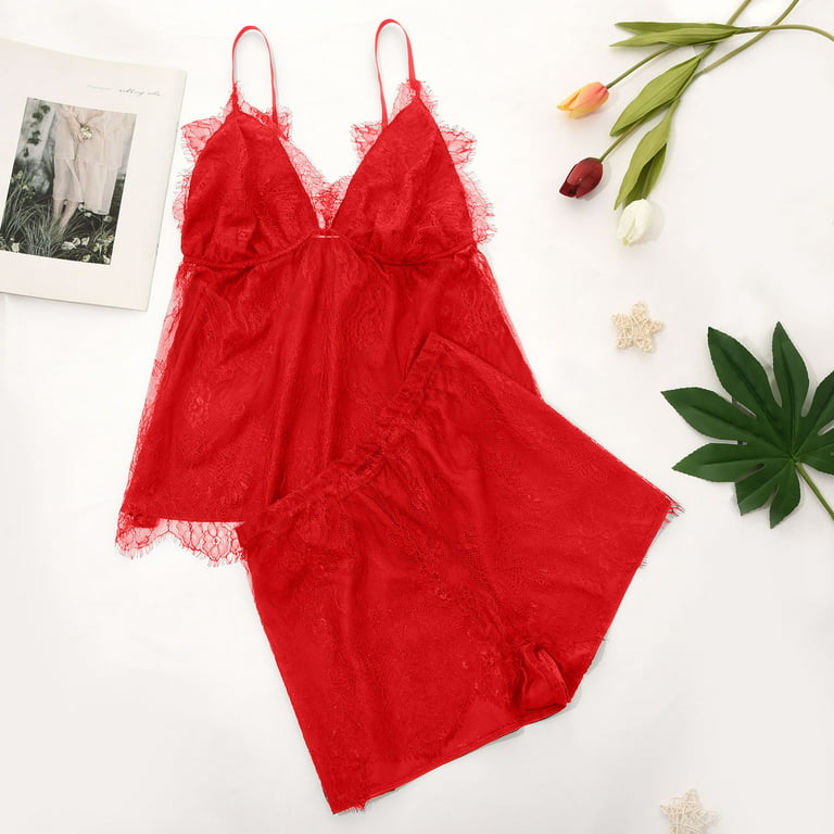 RQYYD Reduced Women Plus Size Lace Pajama Set V Neck Cami and Shorts Two  Piece Lingerie Set Sexy Sleepwear(Red,XL)