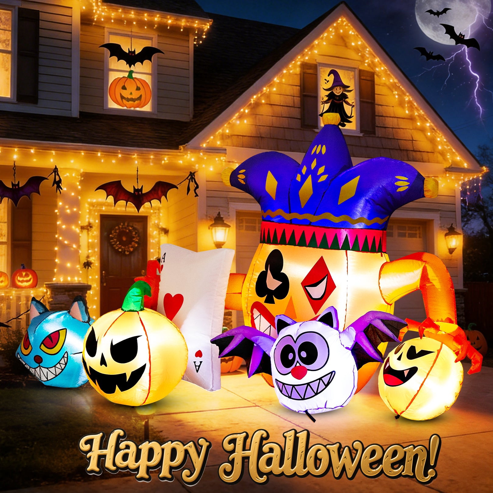 Funcid 5.3FT Halloween Inflatables Outdoor Decorations - 5 Character Blow Up Yard Decor with Color-Changing Cat & Cross-Lighting