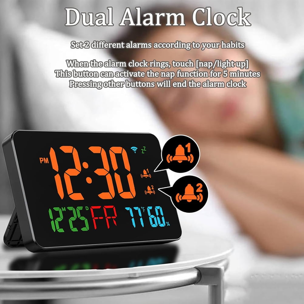 Digital Clock Alarm WiFi Clock, Extra Large Letters, Temperature & Humidity, Calendar, Week,B