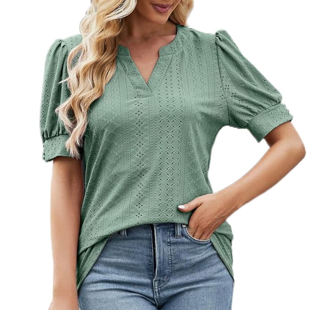 Gibobby Blusas Para Mujer Elegantes Camiseta Color sólido Cuello en V Ahuecado Botón Burbuja Manga corta Top Mujer(Glauco, XXL)