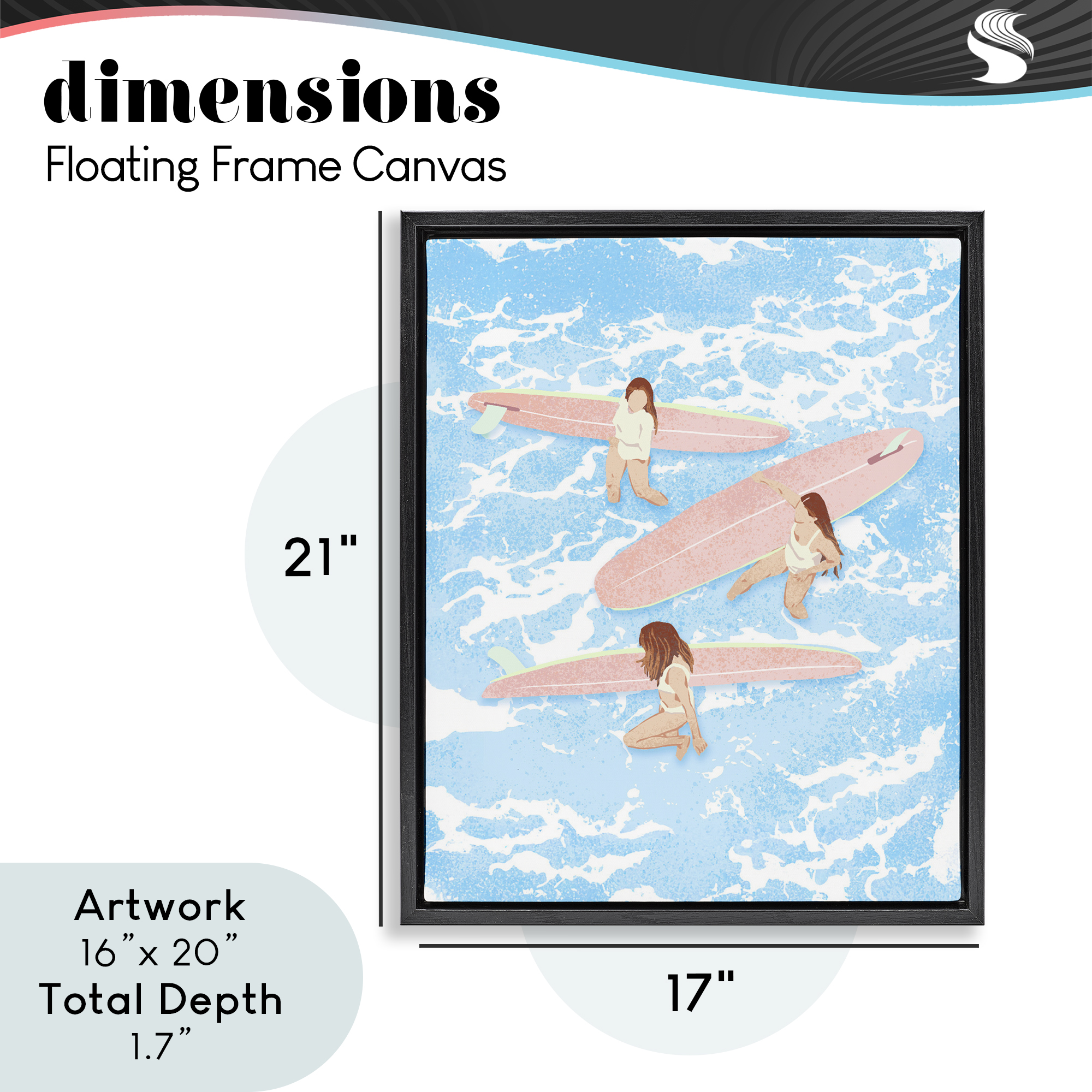 Surfing Girls Trio Black Framed Floater Canvas Wall Art, design by Ziwei Li