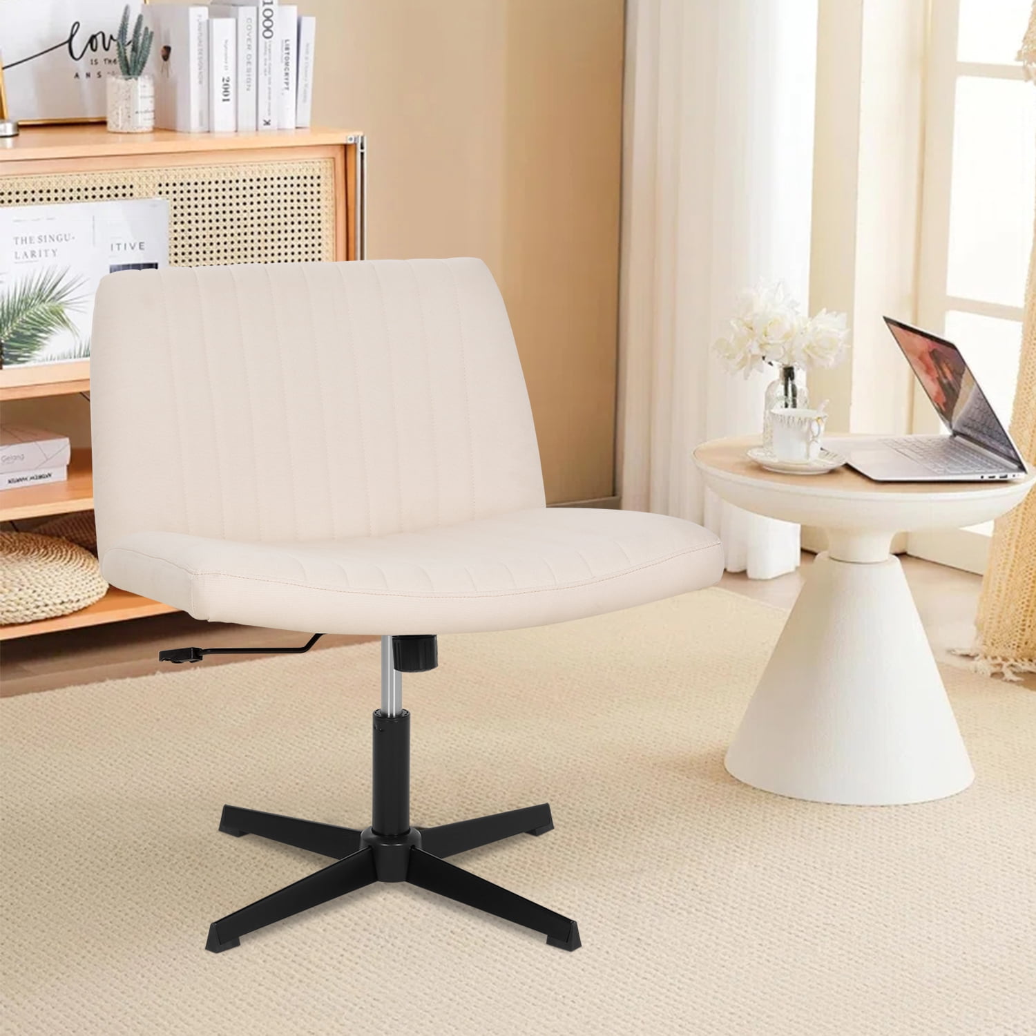 NiamVelo Criss Cross Chair, Wide Desk Chair No Wheels Vanity Chair Adjustable Computer Chair Modern Task Chair Armless Office Chair for Adults （Beige）