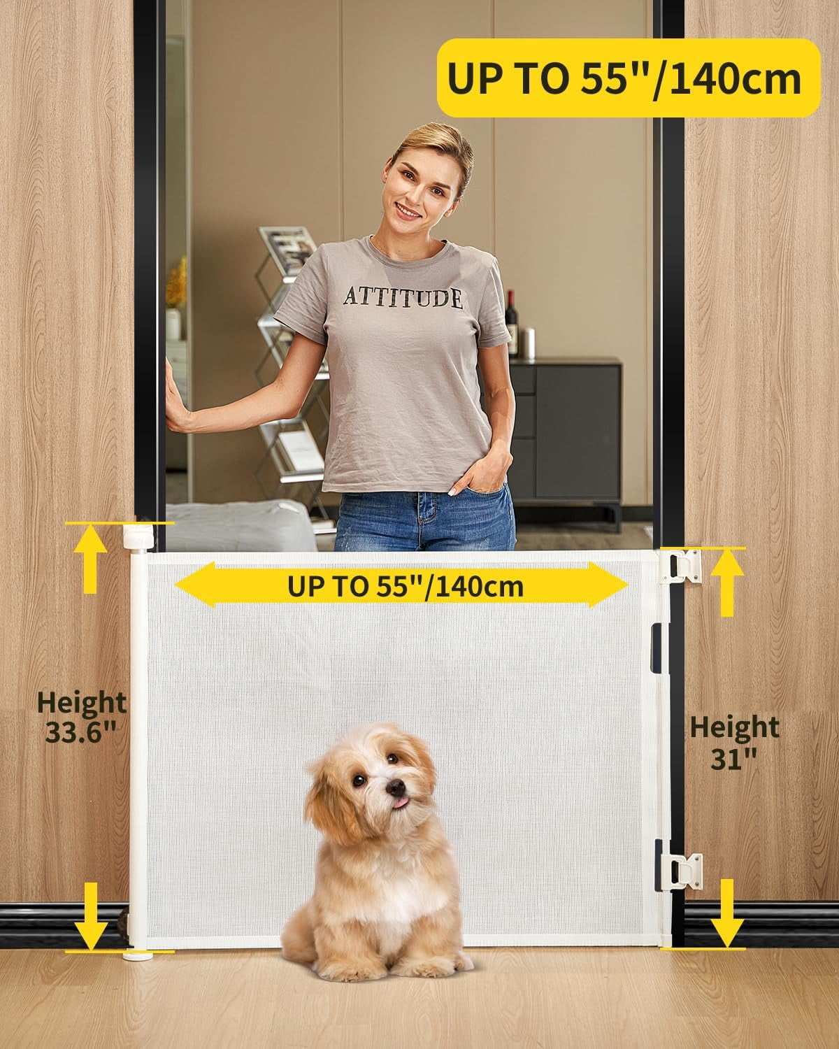 Retractable baby safety gate – width adjustable up to 55 inches – child and pet safety barrier – easy installation, safety latch, grey mesh fabric, suitable for both indoor and outdoor use.