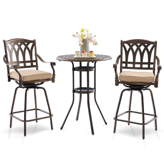 3 Piece Swivel Outdoor Table and Chairs Bar Set , Cast Aluminum Outdoor High Top Patio Bar Set, High Swivel Stools with Cushions Umberlla Hole