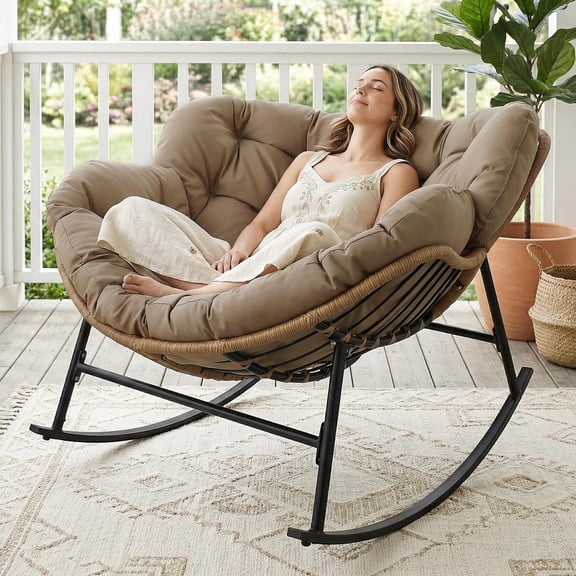 Outdoor Papasan Rocking Chair, Oversized Egg Patio Lounge Chair | 450 Lbs Capacity, Large Size, Brown Rattan Frame with Thick Cushion, Comfy Egg Rocker Chair for Outside Bedroom Garden