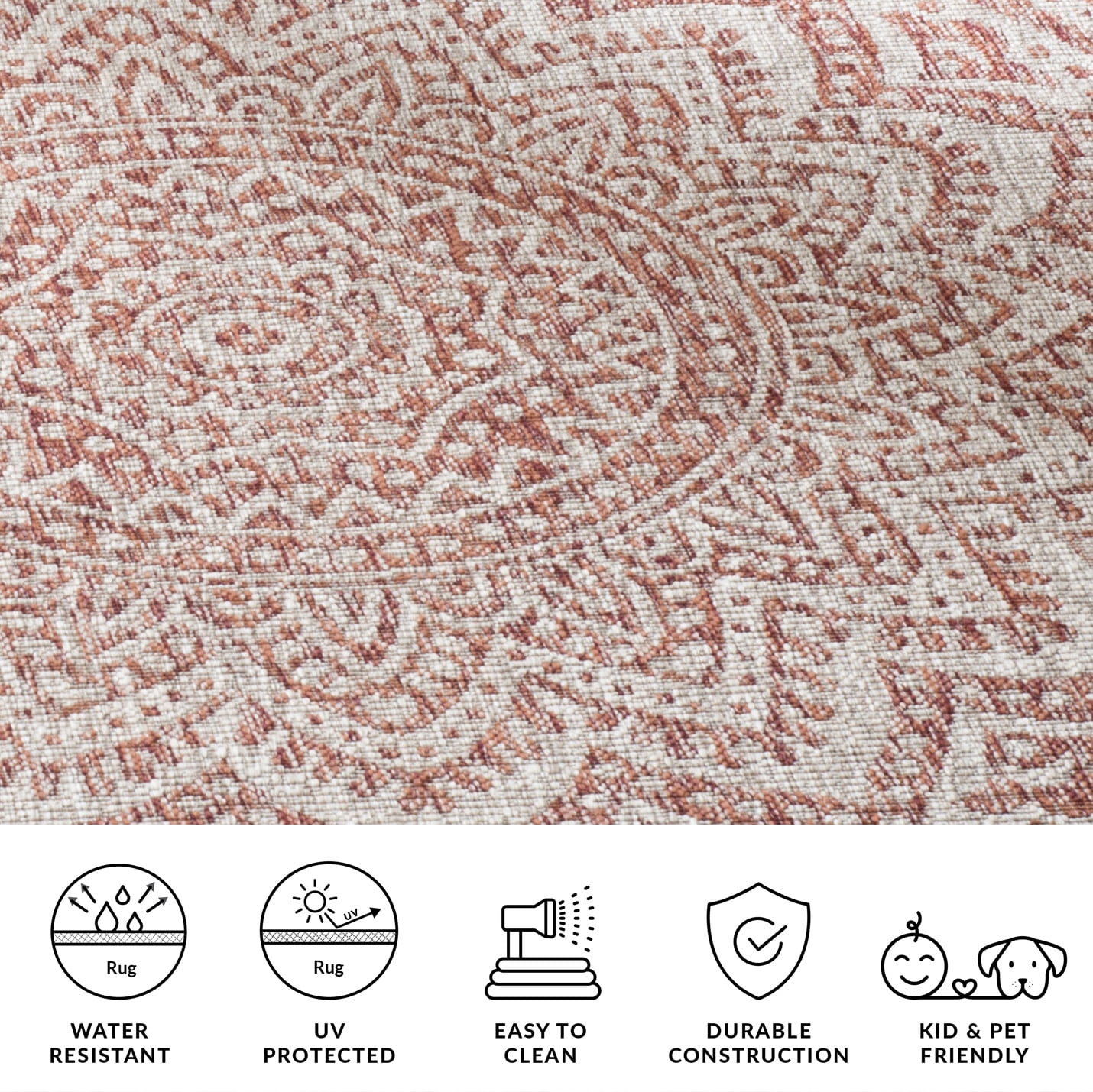 Safavieh Light Beige/Terracotta Floral Medallion Geometric Contemporary Power Loomed Outdoor Rugs, 2' to 5' Round/Square, Water-Resistant