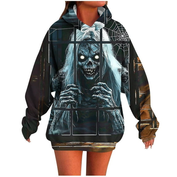 Moxiu Plus Size Halloween Sweatshirts for Women Spooky Season Hoodie Cute Ghost Graphic Sweatshirts Funny Long Sleeve Hoodies Dark Gray,L