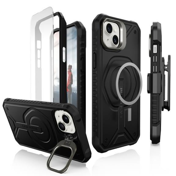 Caseborne Compatible with iPhone 15 Plus Protective Case - 5-Layer Construction, Compatible with MagSafe, Tempered Glass Screen Protector, Kickstand & Holster - Black
