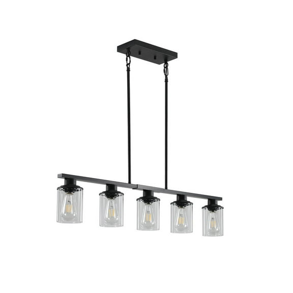 37" Modern Industrial 5-Light Chandelier with Clear Glass Shades, Matte Black Metal Frame Hanging Ceiling Light Fixture for Dining Room, Kitchen Island, Living Room (No Bulbs)