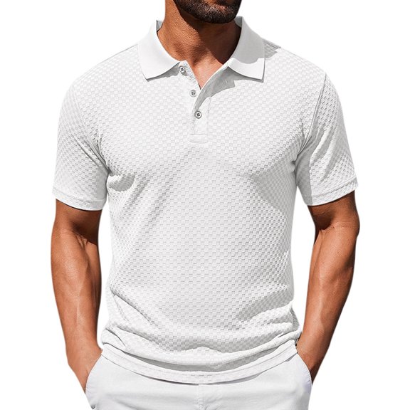 Telankuip Checkered Pattern Polo Shirts for Men Summer Breathable Casual Work Top with Classic Collar Solid Color Loose Comfy for Business Leisure Wear White XL