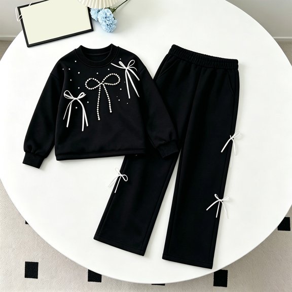 Angala 2 Piece Outfits For Girls Crew Neck Long Sleeve Bow Detail Sweatshirt With Pants Set Girls Fall Season Wear Clothes