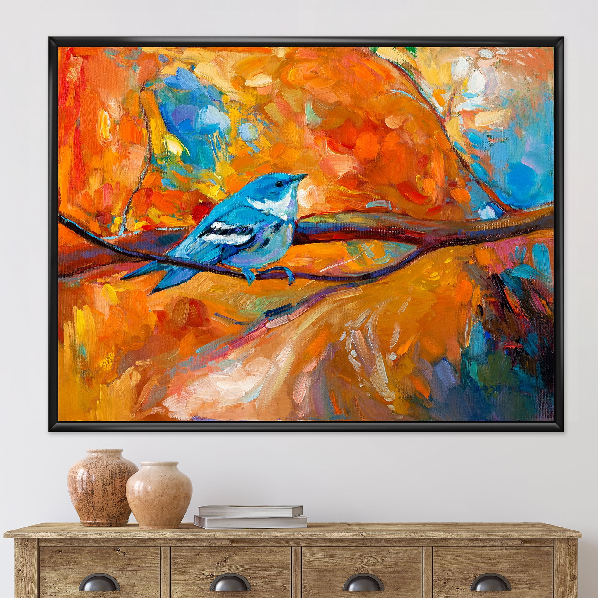 Blue Cerulean Warbler Bird Sitting On A Branch 20 in x 12 in Framed Painting Canvas Art Print, by Designart