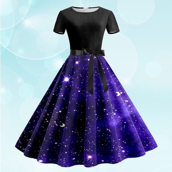 Haivin Spring/Summer Women's Round Neck Short Sleeve Dress Retro Print A-line Dress