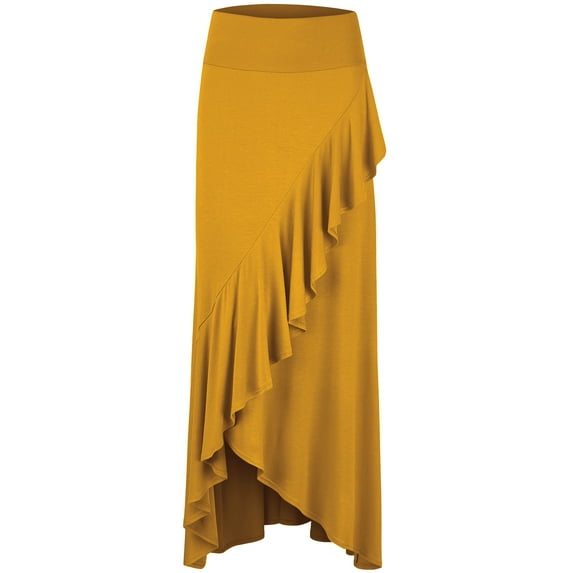 Made by Johnny Women's Wrapped High Low Ruffle Maxi Skirt S MUSTARD