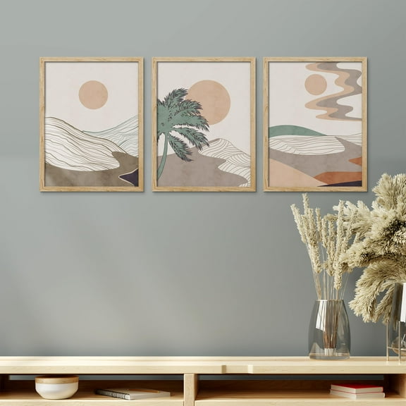 PixonSign Framed Canvas Print Wall Art Set - Dunes Abstract Desert Landscape Poster Art - Set of 3 Nature Wilderness Vintage Wall Décor for Living Room, Bedroom, Office - 12"x16" Natural