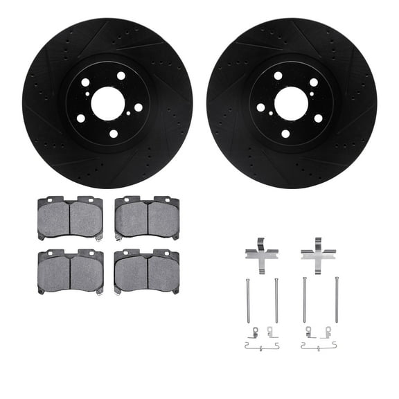Dynamic Friction Company Front Brake Rotors-Drilled and Slotted-Black with 5000 Advanced Brake Pads includes Hardware 8512-76380