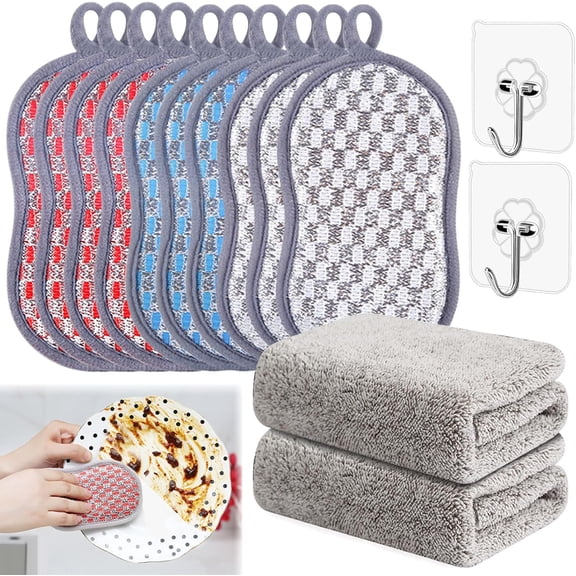 Fresh Microfiber Scrub-N-Wipe Cleaning Sponge Pad, Pack of 12   with 2 Kitchen Towels and 2 Hooks