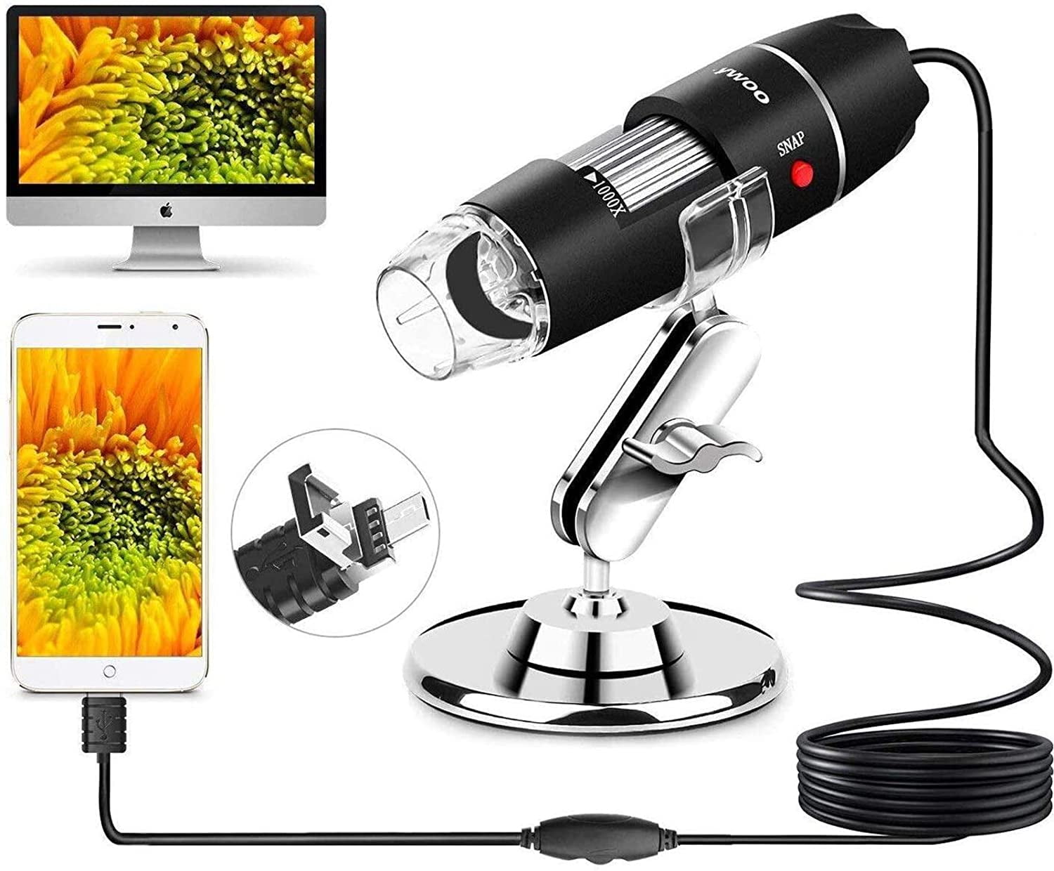 Compatible with Mac Window 7 8 10 Android Linux USB Microscope Digital Magnification Endoscope 40 to 1000x Mini Camera with OTG Adapter Suction Cup Stand 8 Adjustable LEDs 