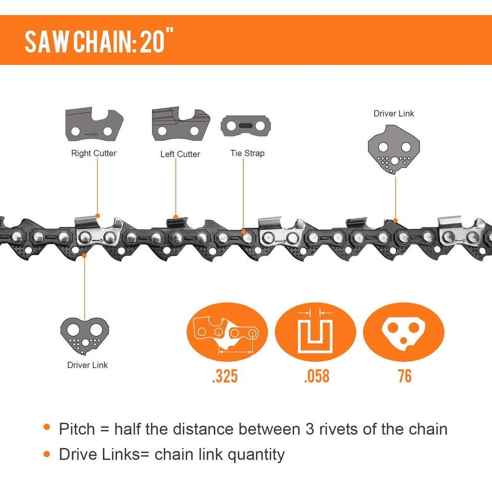 SALEM MASTER 20 Inch Chainsaw Chains - .058" Gauge - .325" Pitch - 76 Drive Links, Semi-Chisel Chain Fits for 20IN 6220G/6220H/5820F/6220F