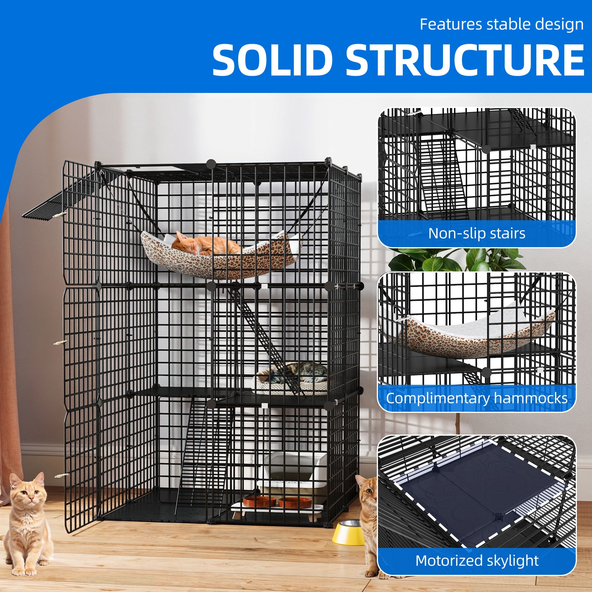 Uforic 41"Large 3 Tier Cat Cage, Indoor Cat Enclosures with Extra Large Hammock, DIY Cat Playpen Metal Kennel for 1-2 Cats,28"L x 28"W x 41"H,Black
