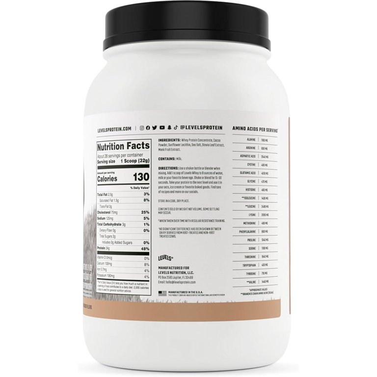 Levels Grass Fed 100% Whey Protein, No Hormones, Pure Chocolate, 2LB 