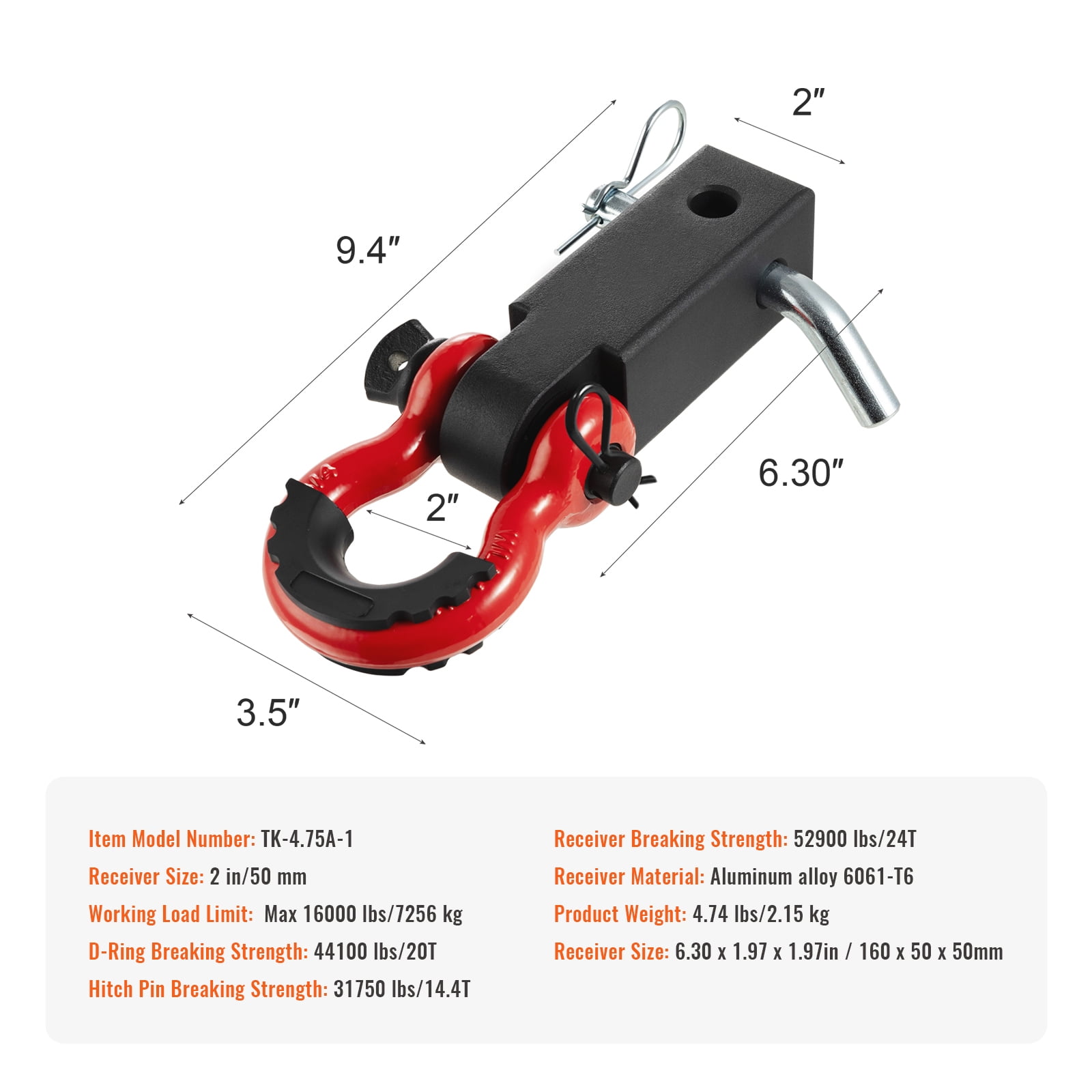 KFFKFF Hitch Receiver Shackle, Compatible with 2" Receivers, Withstands up to 52900 lbs, Includes D Ring Shackle and Trailer Hitch Lock Pin, Robust Towing Gear for Trucks, Jeeps