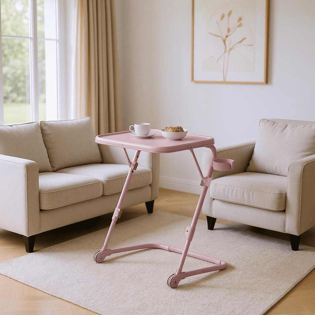 Homy Casa Folding TV Tray Table with Cup Holder, Adjustable Snack Table for Bed, Sofa, Couch, Pink