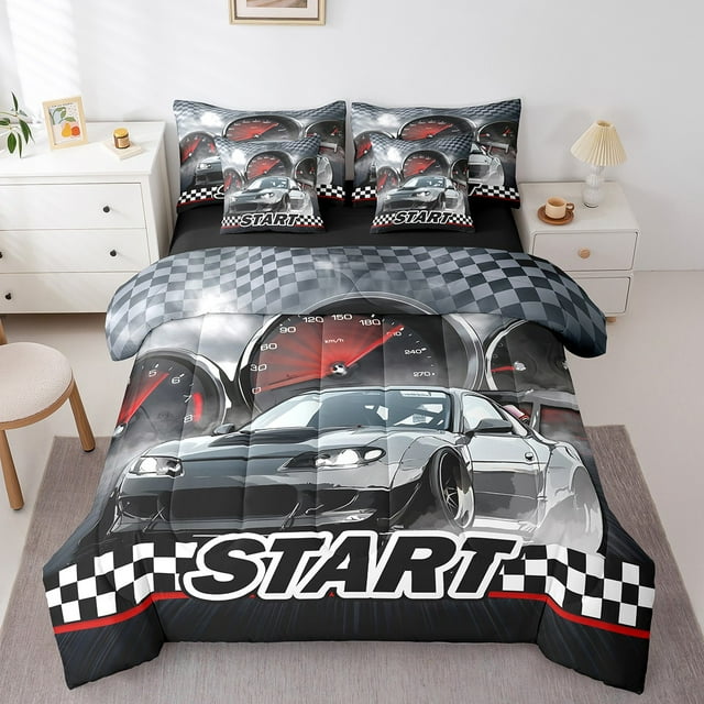 Erosebridal Teens Racing Car Bed in a Bag Full size,Extreme Sports Bed Set,Fast Car Decor,Reversible,7pcs