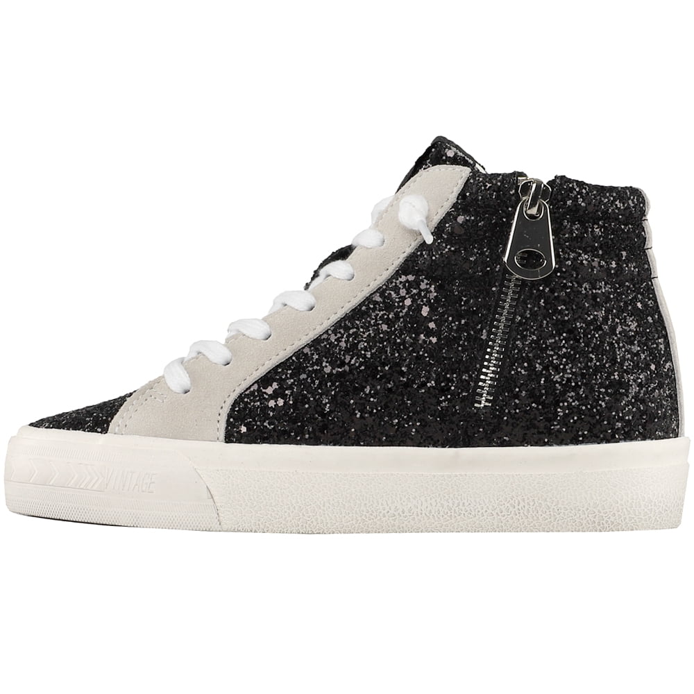 VINTAGE HAVANA Women's Dormy Studded Glitter High-Top Sneakers – Black Slip-On Shoes With Silver Studs